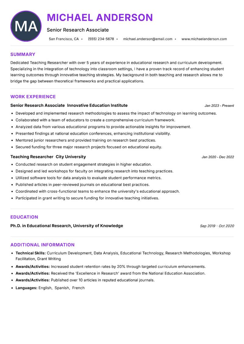 Teaching Researcher Resume Preview Example