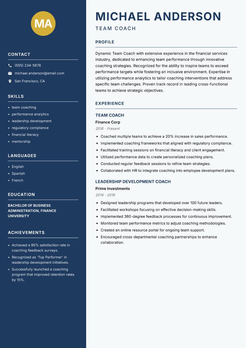 Team Coach Resume Preview Example