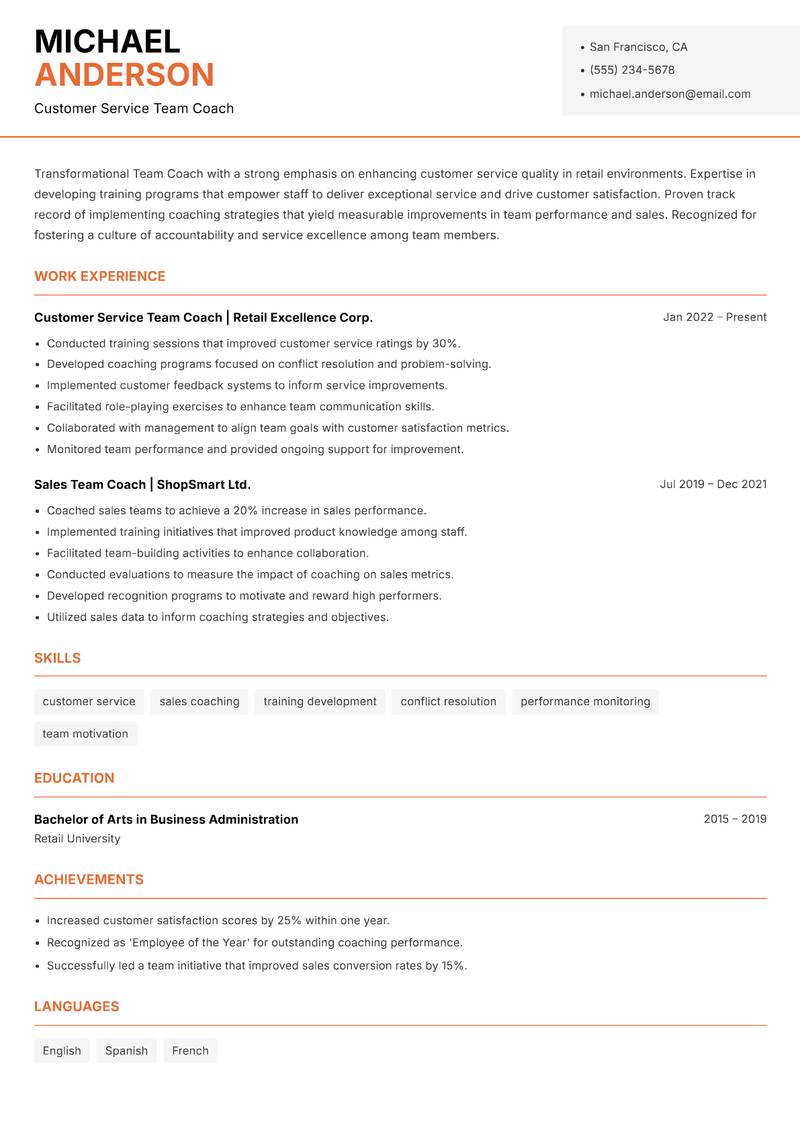 Team Coach Resume Template