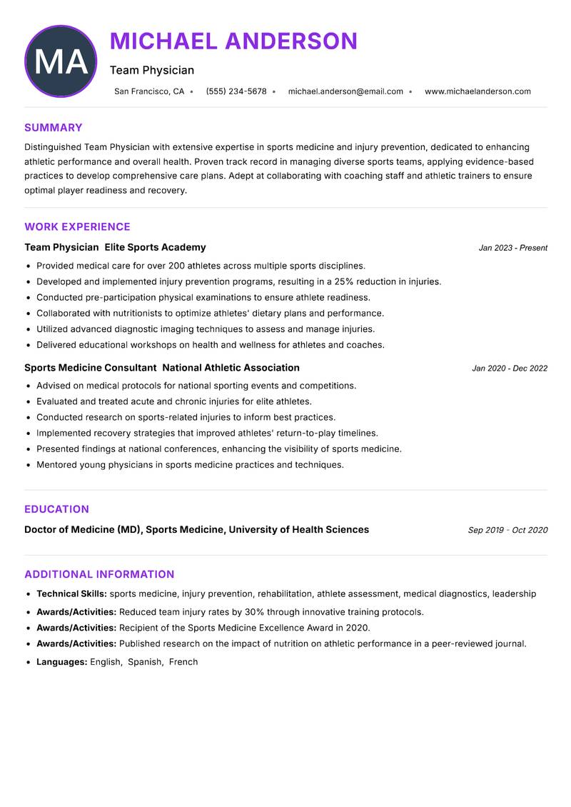 Team Physician Resume Preview Example