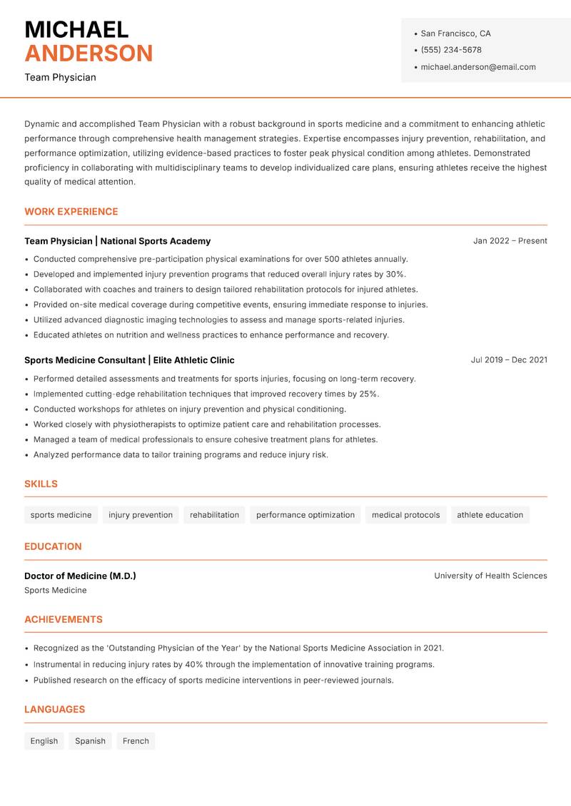 Team Physician Resume Template