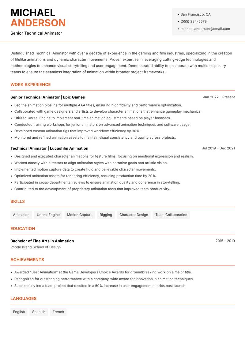 Technical Animator Resume Template