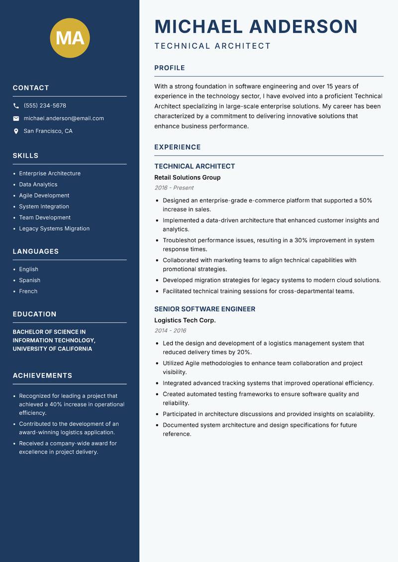 Technical Architect Resume Preview Example
