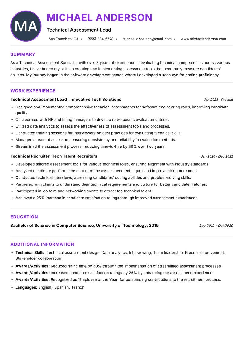 Technical Assessment Specialist Resume Preview Example