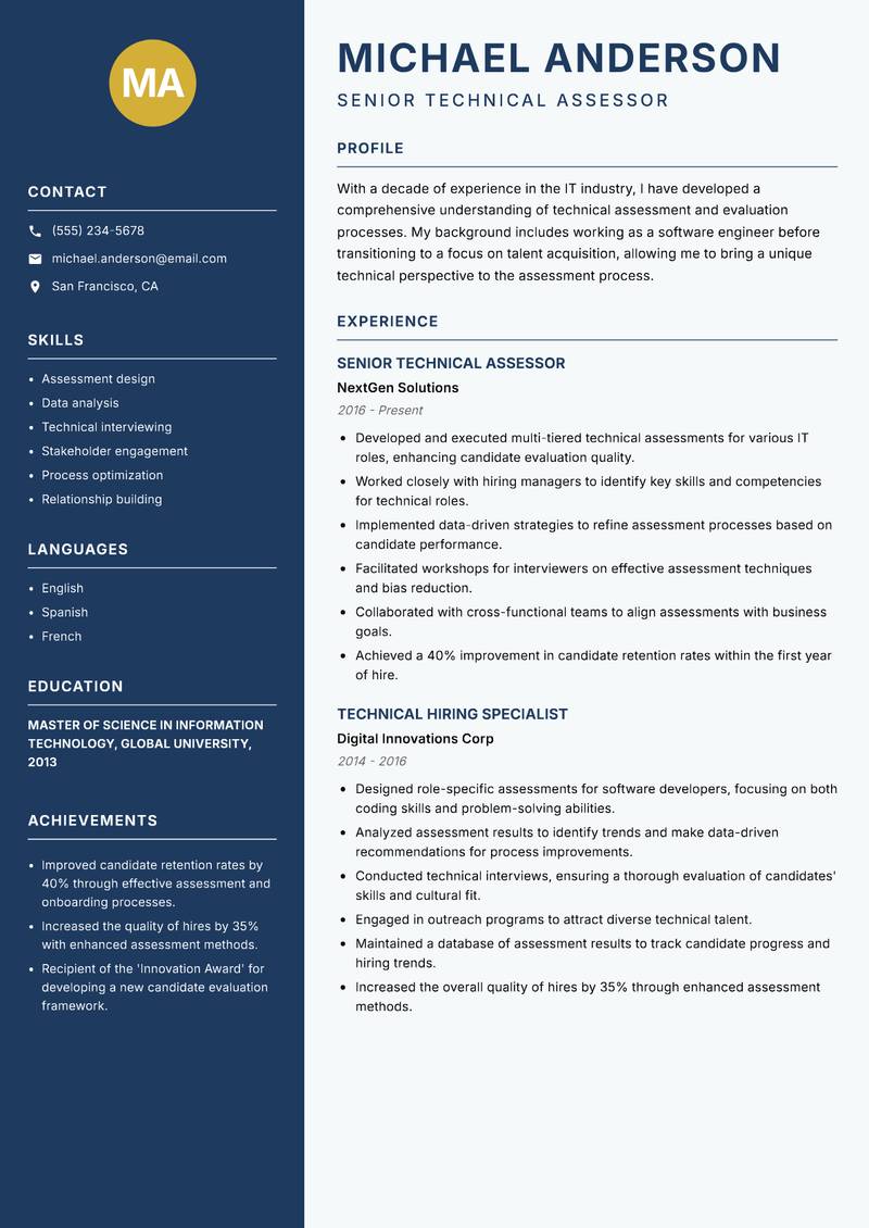 Technical Assessment Specialist Resume Preview Example