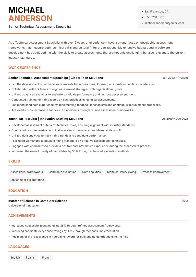 Technical Assessment Specialist Resume Template