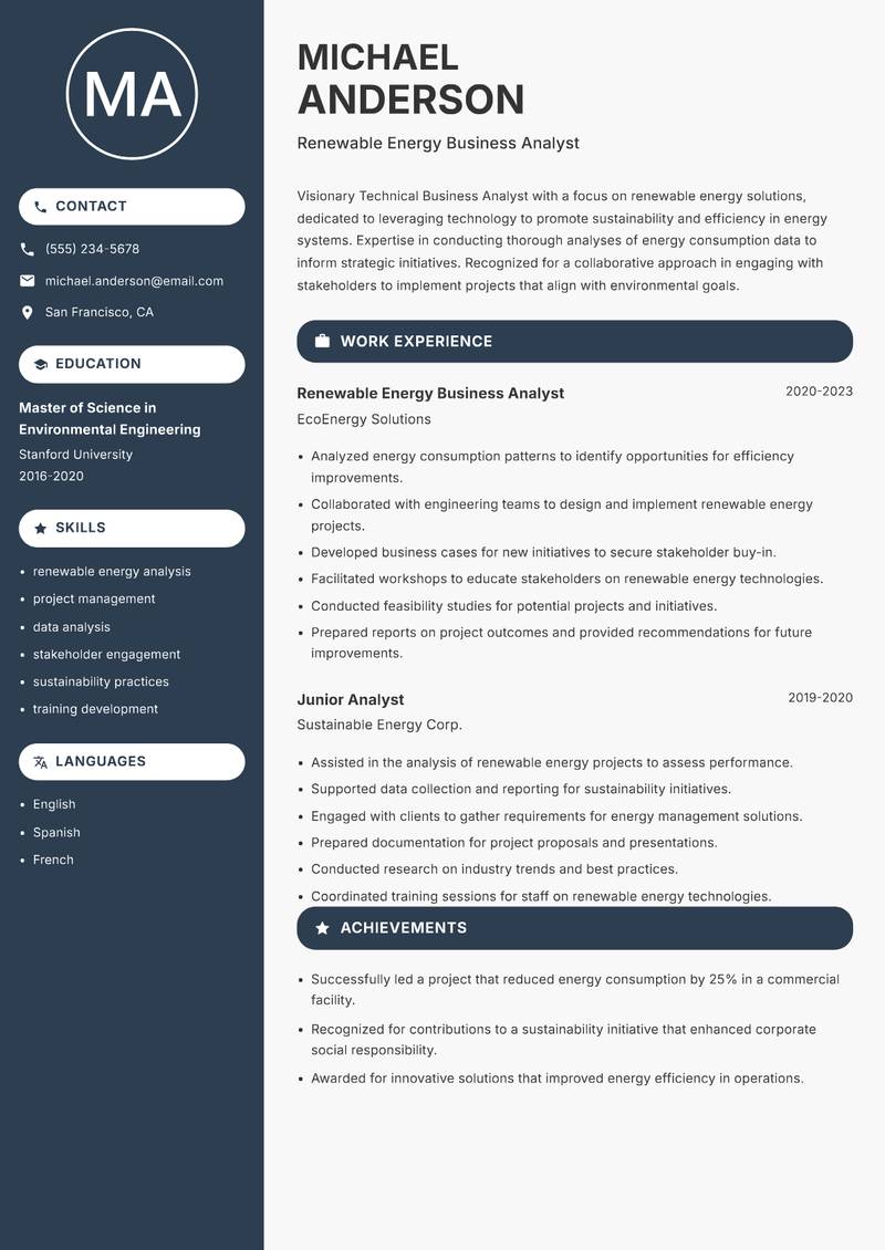 Technical Business Analyst Resume Preview Example