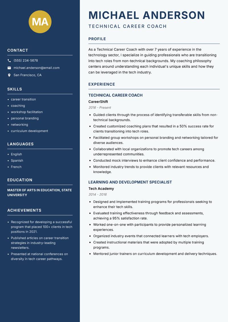 Technical Career Coach Resume Preview Example