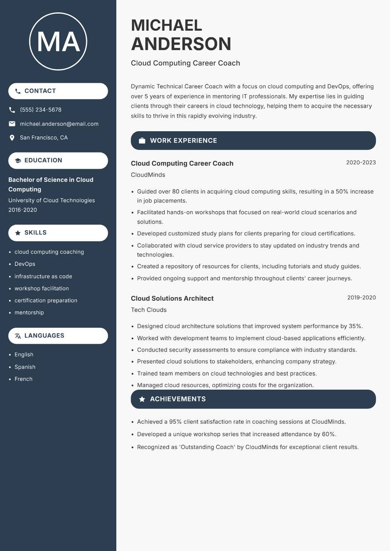 Technical Career Coach Resume Preview Example