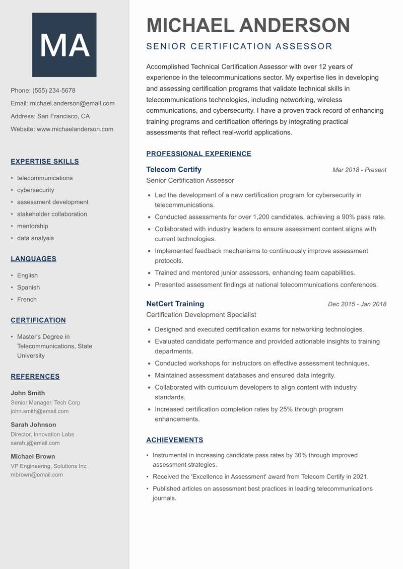 Technical Certification Assessor Resume Preview Example