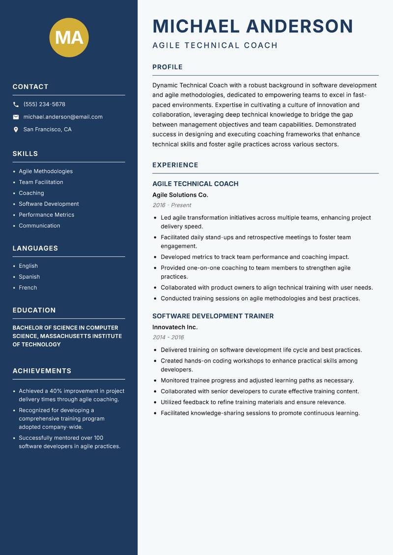 Technical Coach Resume Preview Example