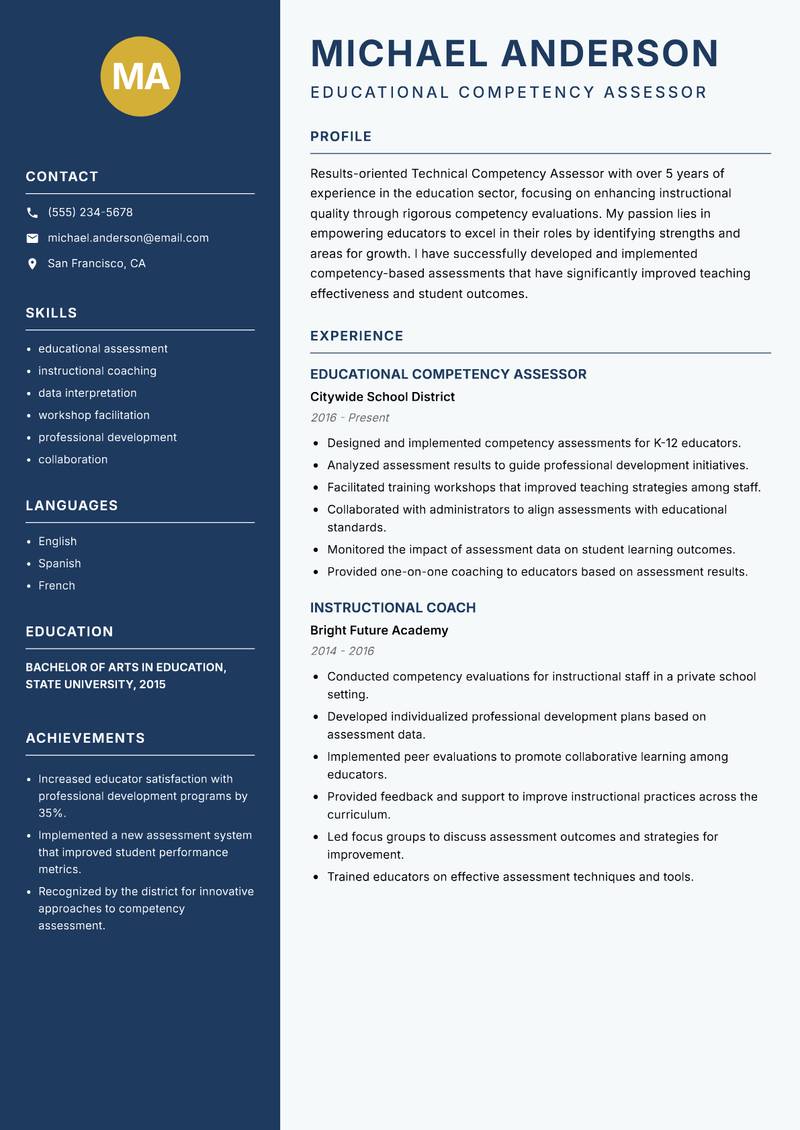 Technical Competency Assessor Resume Preview Example