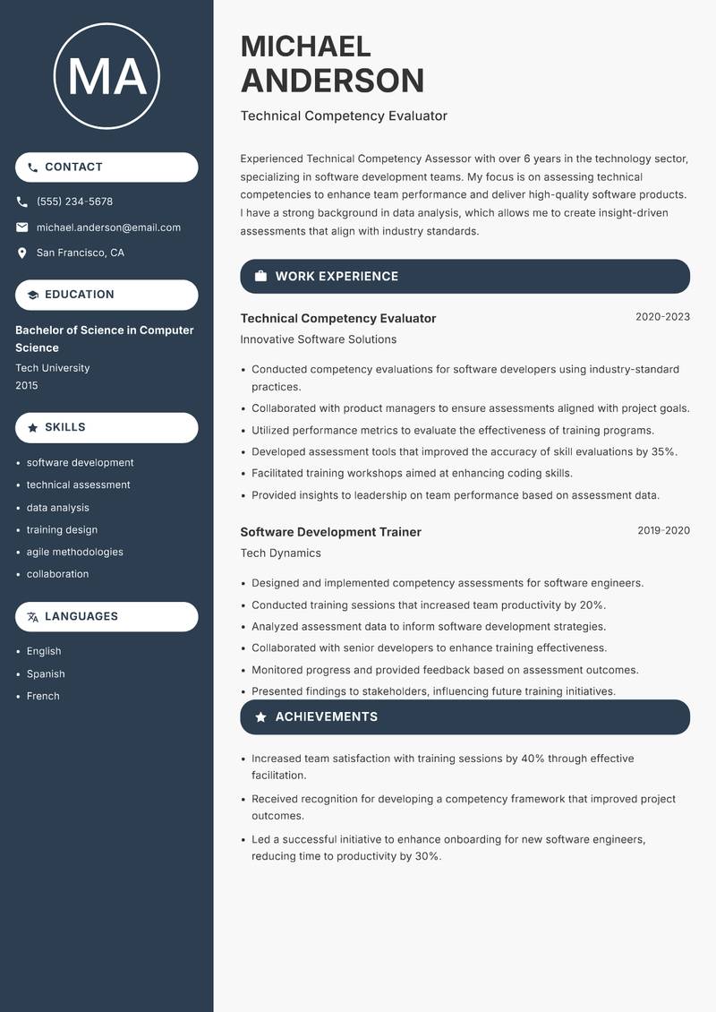 Technical Competency Assessor Resume Preview Example