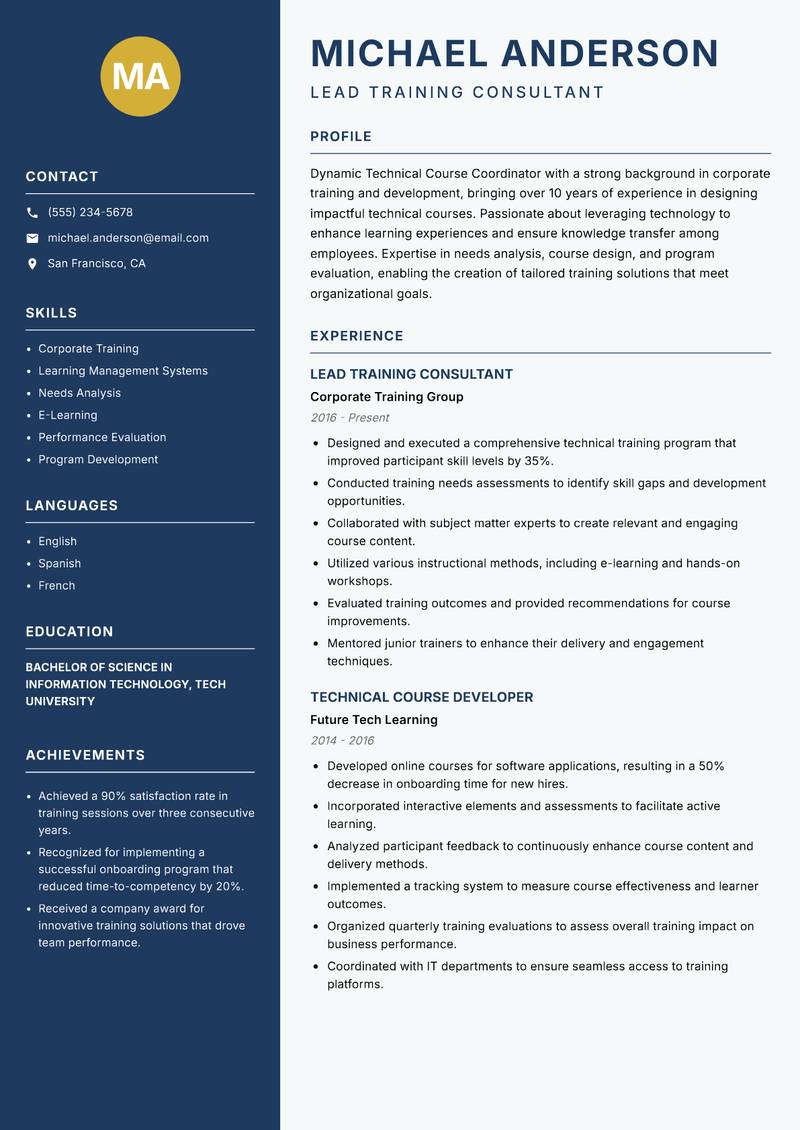Technical Course Coordinator Resume Preview Example
