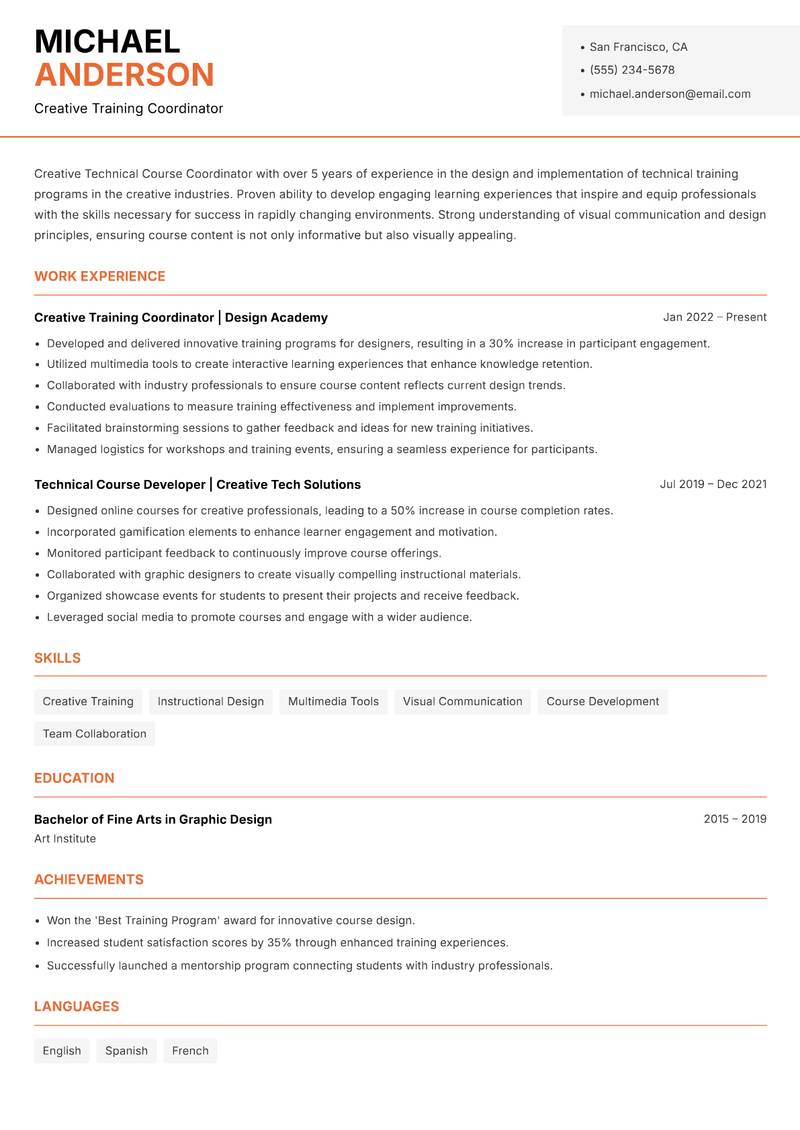 Technical Course Coordinator Resume Template