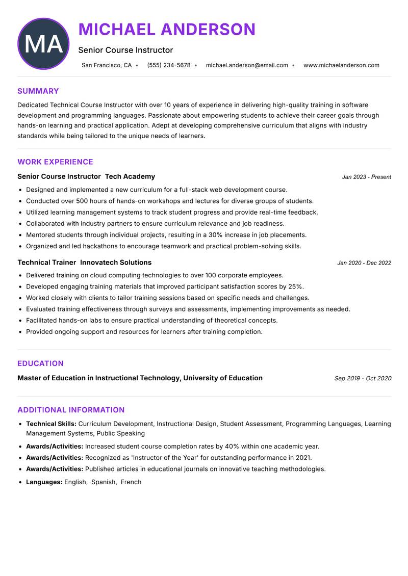 Technical Course Instructor Resume Preview Example