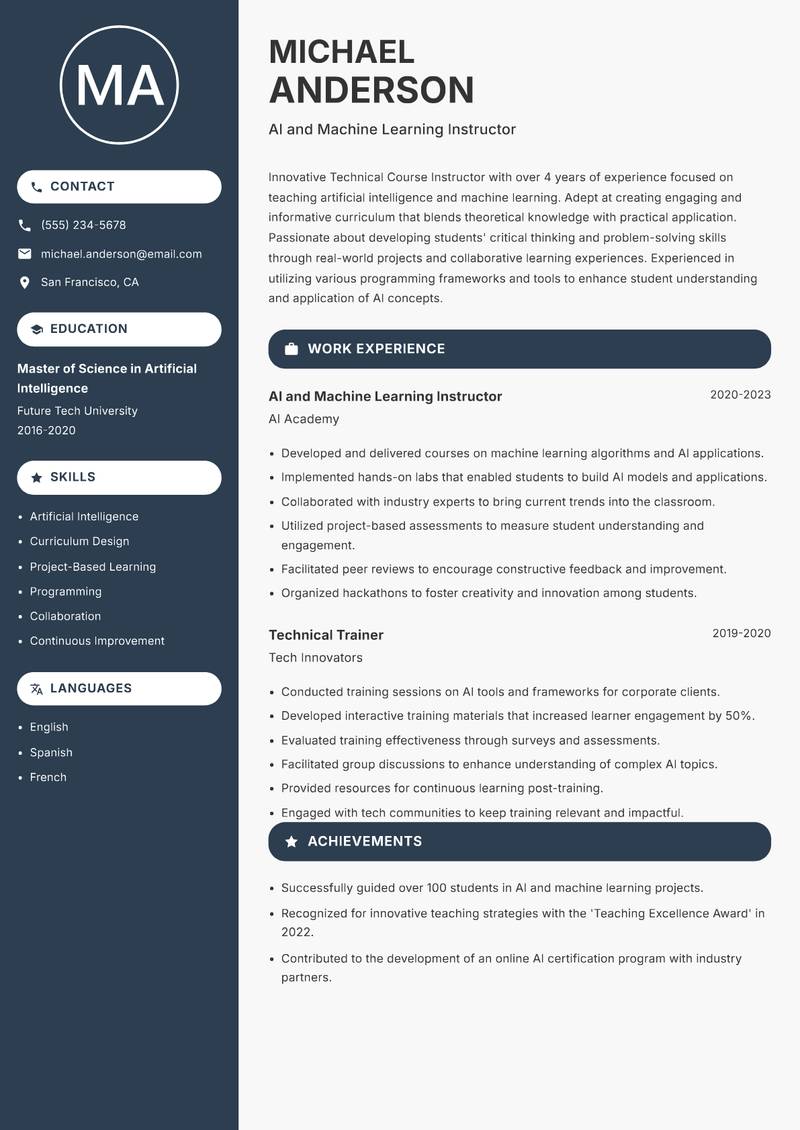 Technical Course Instructor Resume Preview Example
