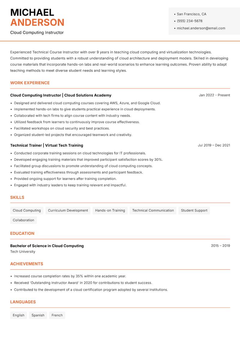Technical Course Instructor Resume Template