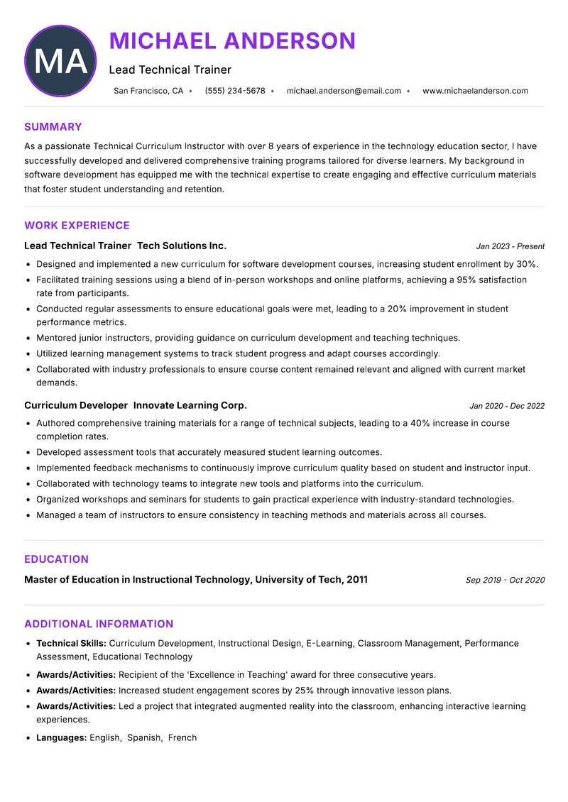 Technical Curriculum Instructor Resume Preview Example