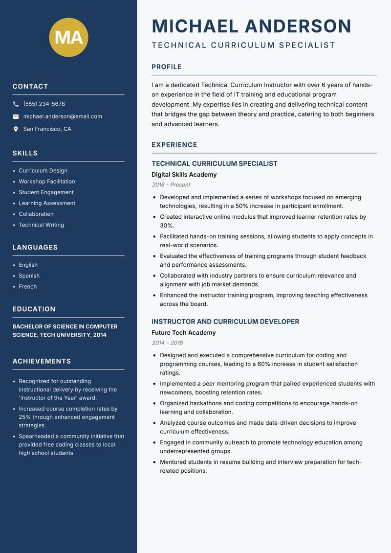 Technical Curriculum Instructor Resume Preview Example