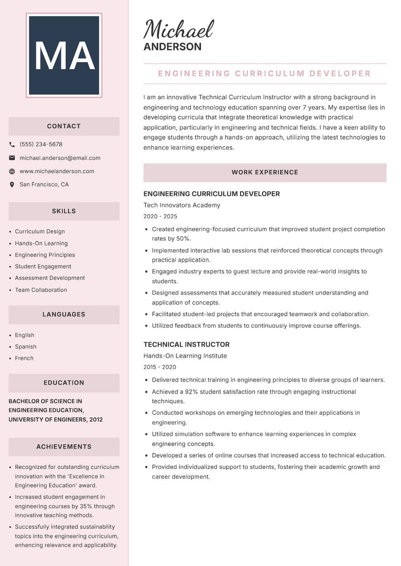 Technical Curriculum Instructor Resume Preview Example