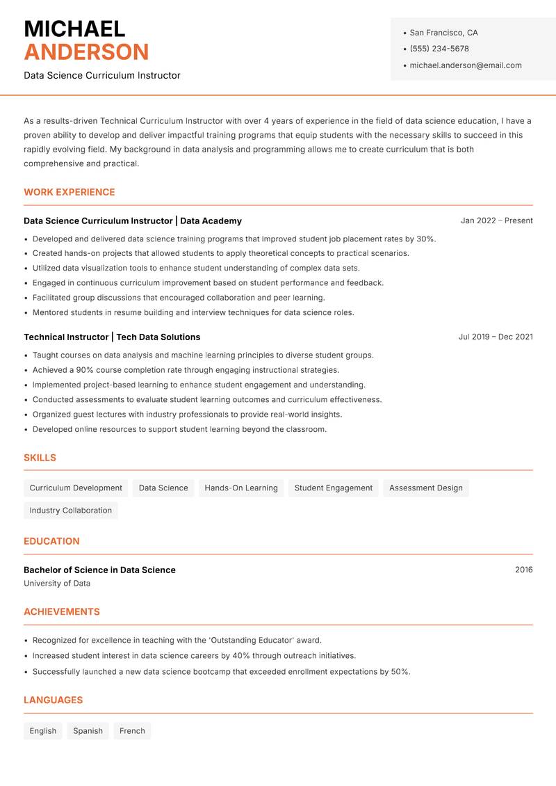 Technical Curriculum Instructor Resume Template