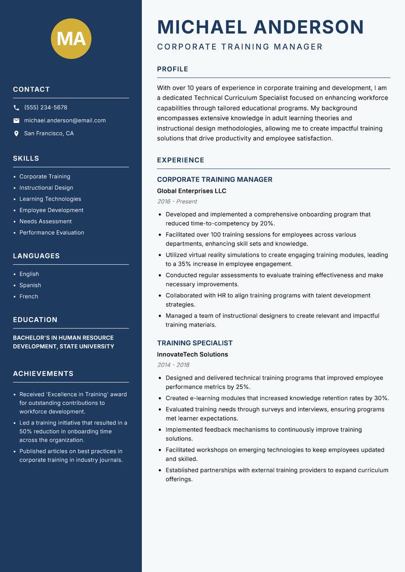 Technical Curriculum Specialist Resume Preview Example