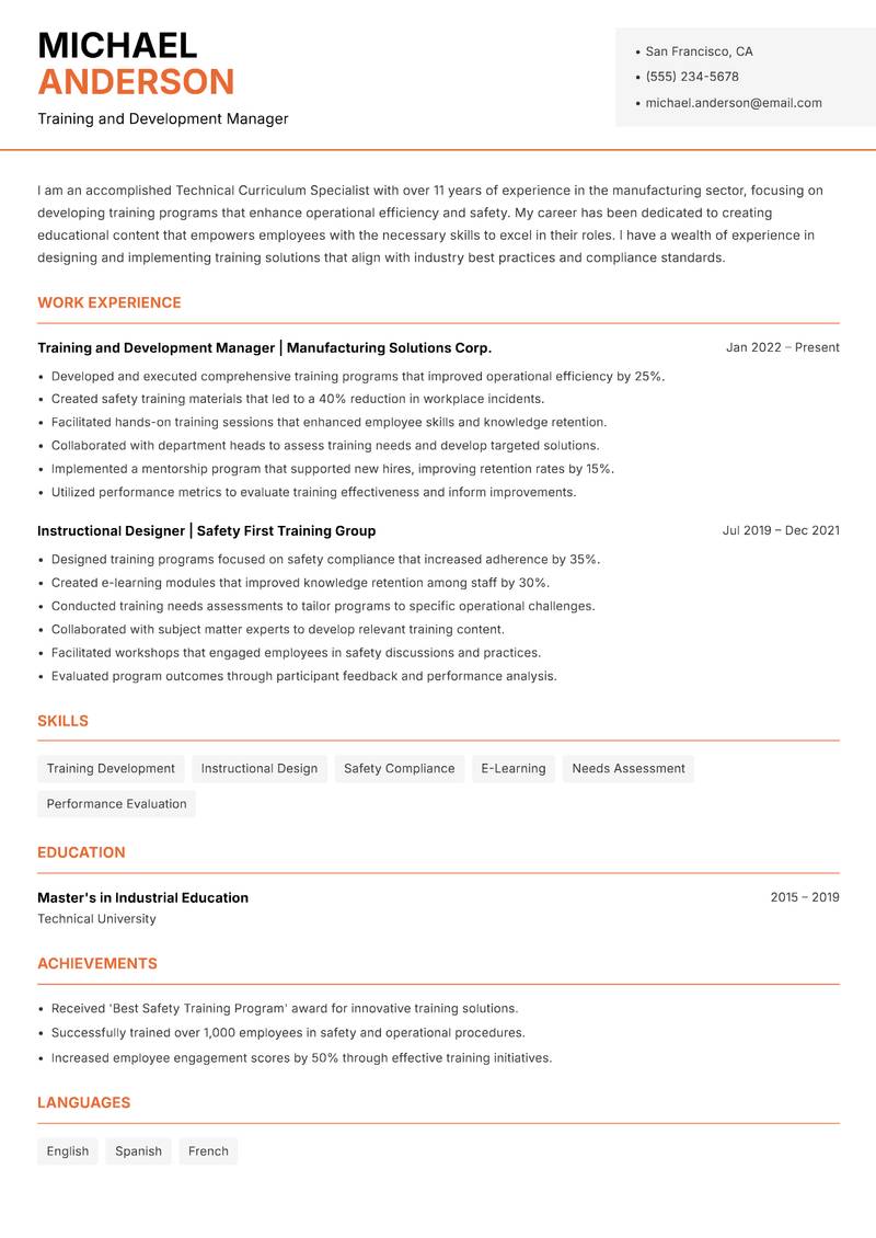 Technical Curriculum Specialist Resume Template