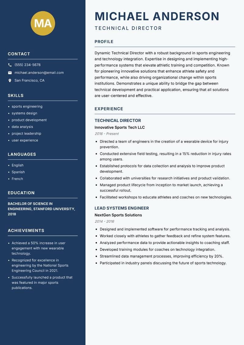 Technical Director Sports Resume Preview Example