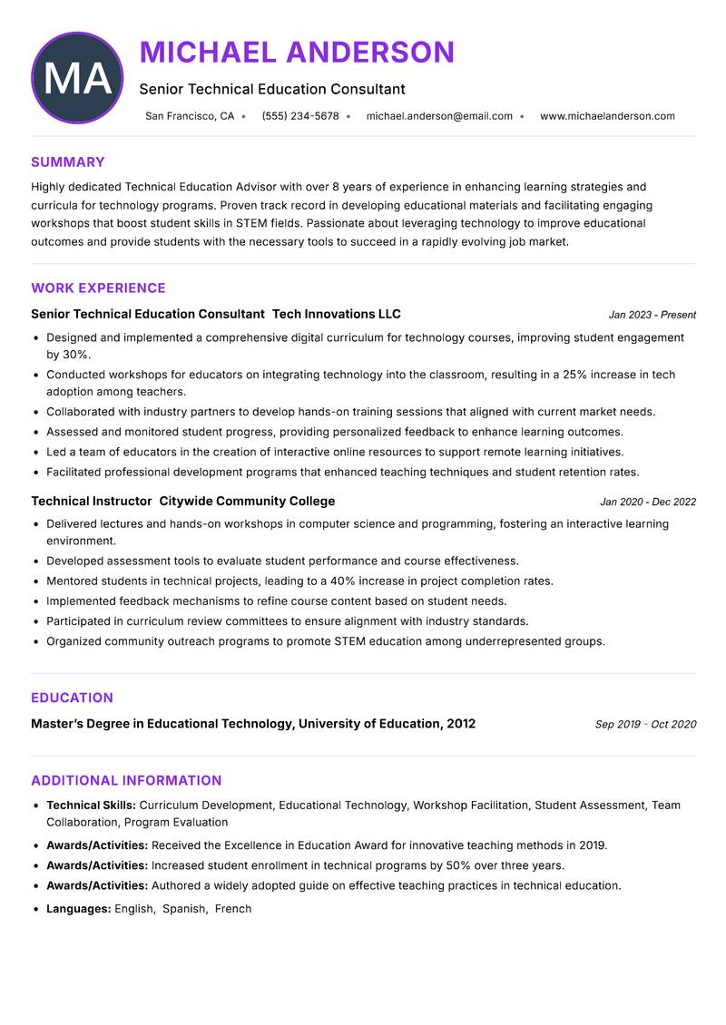 Technical Education Advisor Resume Preview Example