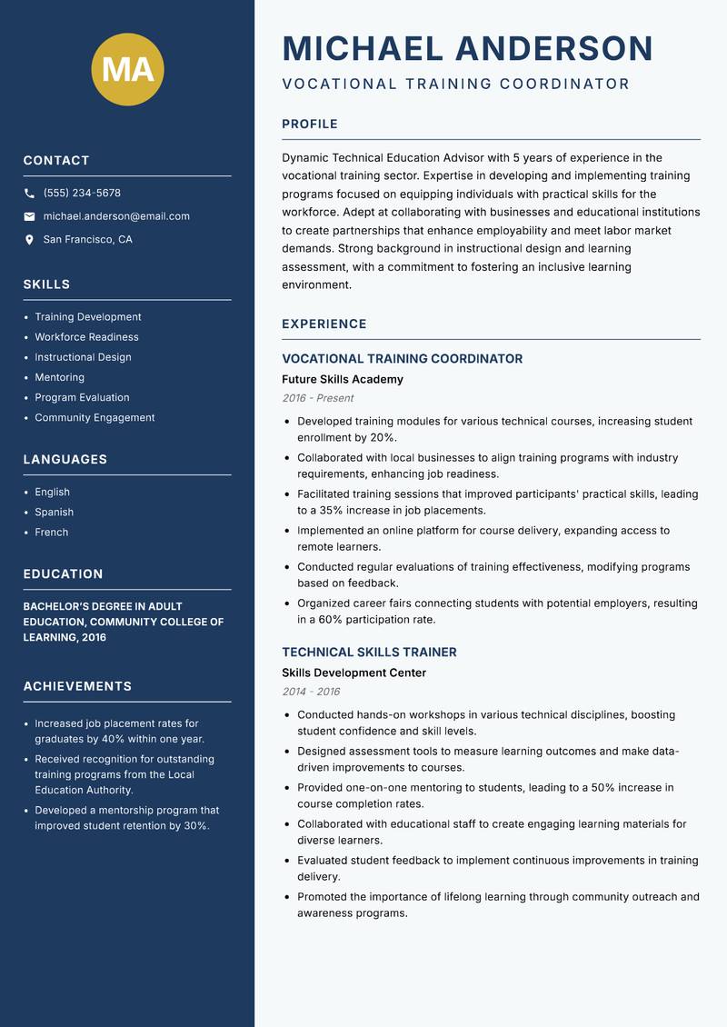 Technical Education Advisor Resume Preview Example