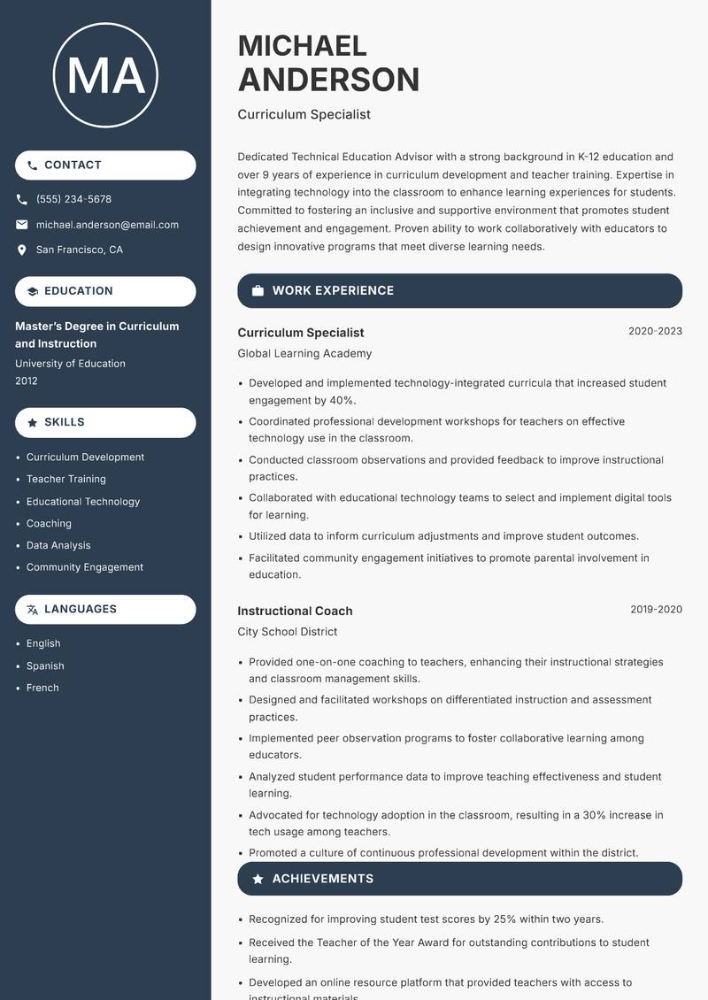 Technical Education Advisor Resume Preview Example