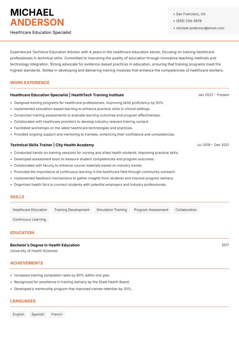 Technical Education Advisor Resume Template