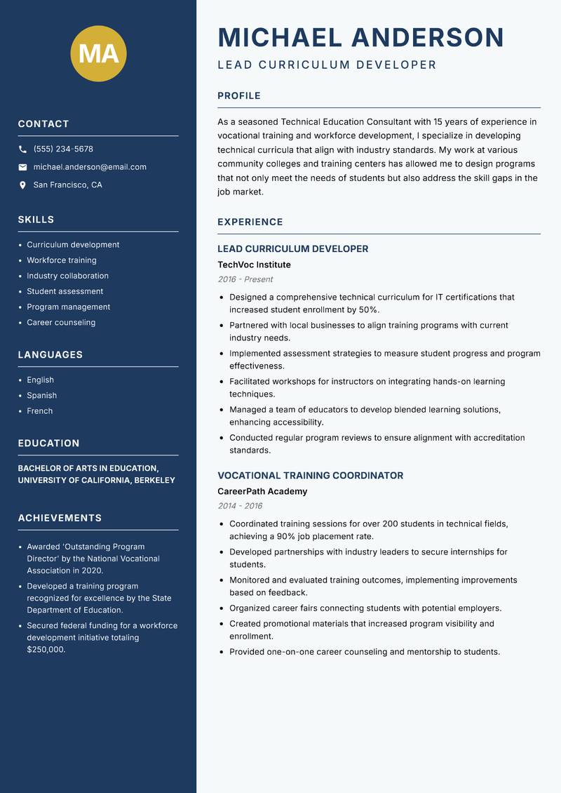 Technical Education Consultant Resume Preview Example