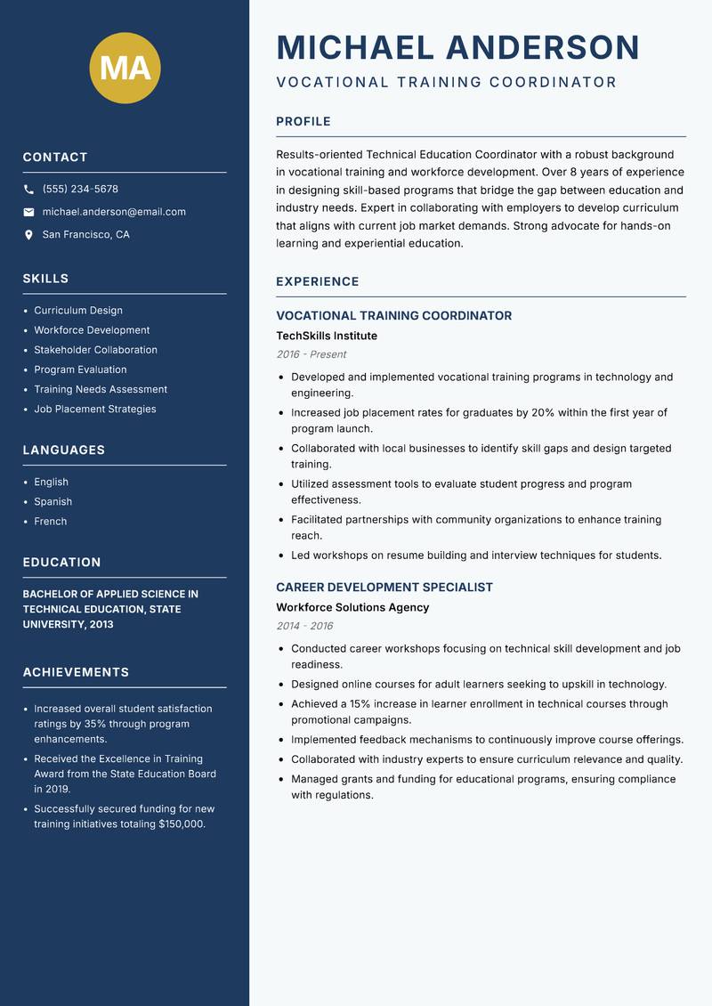 Technical Education Coordinator Resume Preview Example