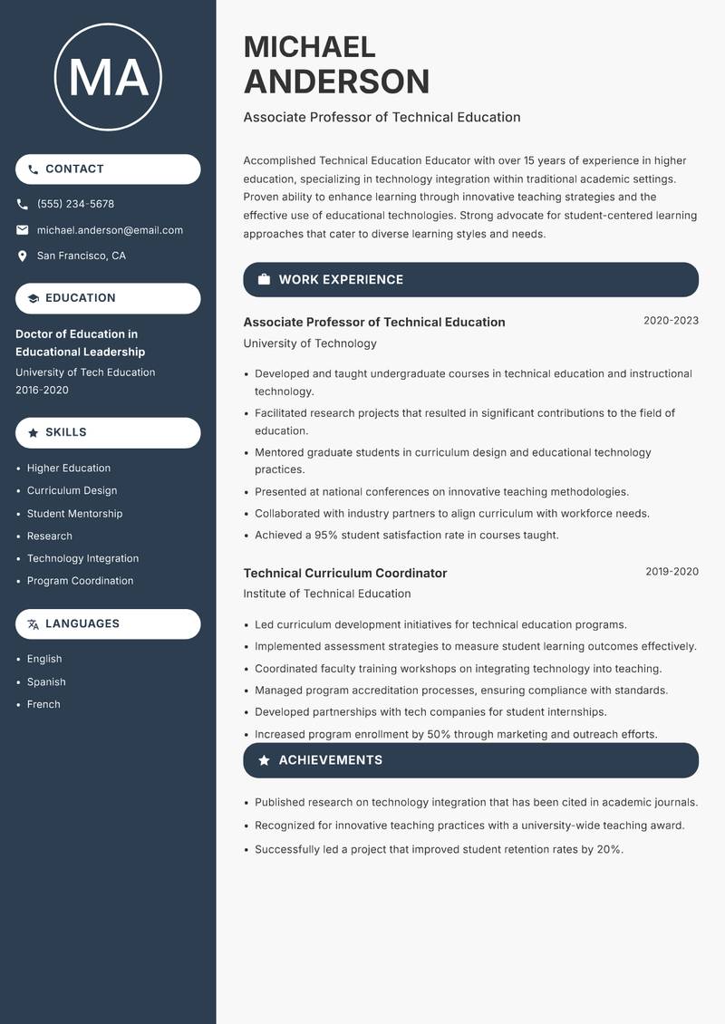 Technical Education Educator Resume Preview Example