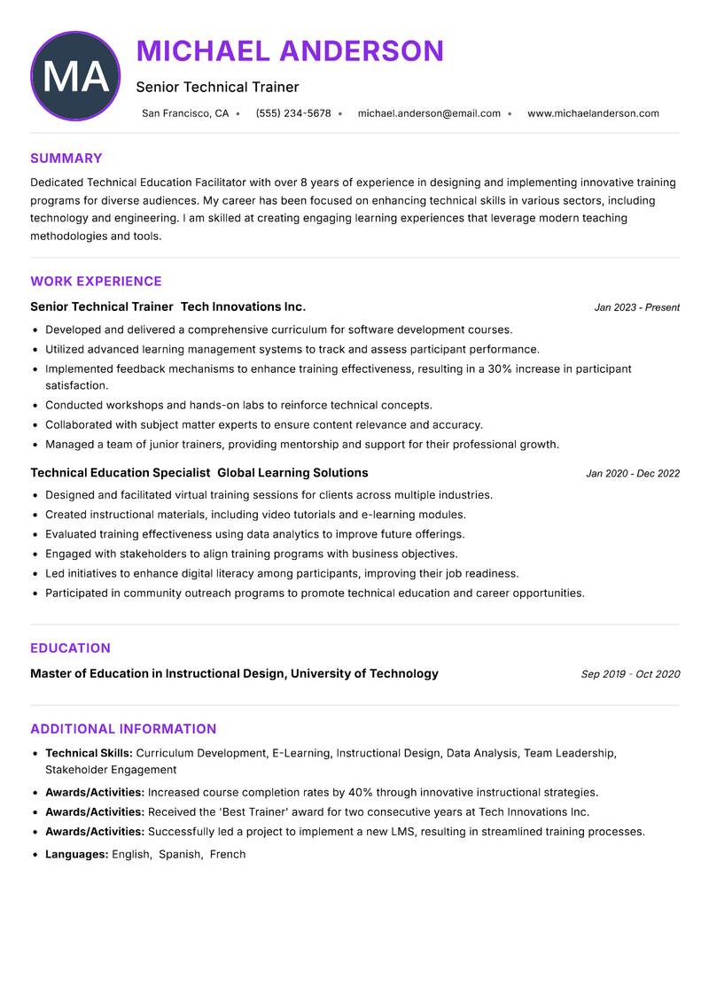 Technical Education Facilitator Resume Preview Example