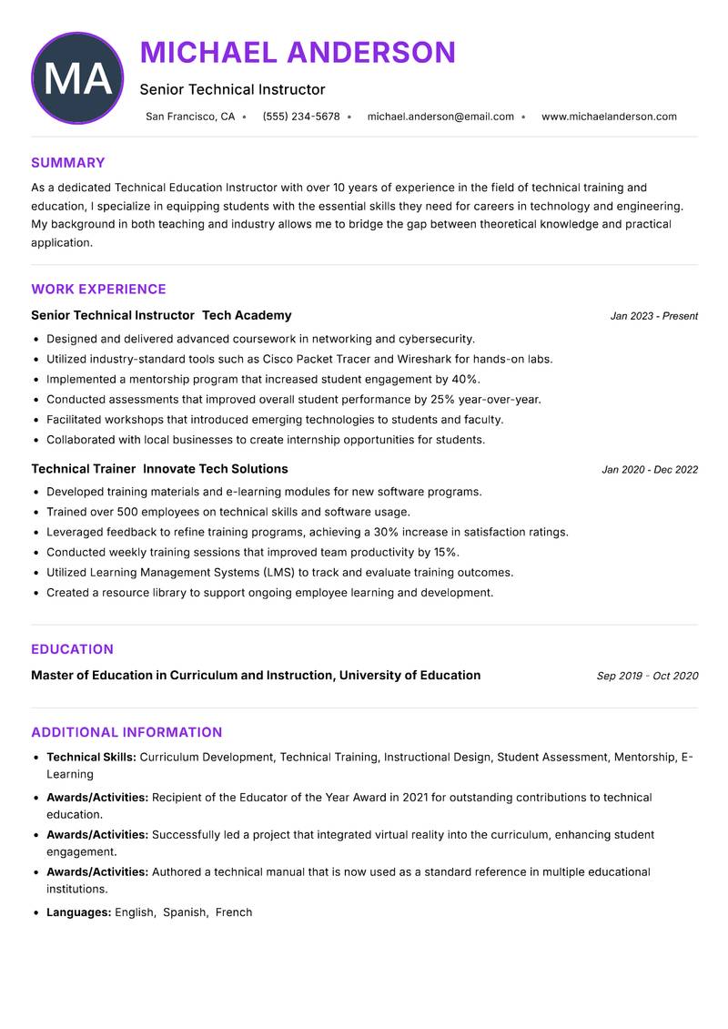 Technical Education Instructor Resume Preview Example