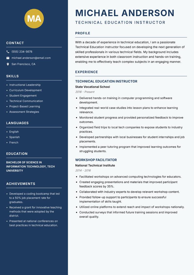 Technical Education Instructor Resume Preview Example