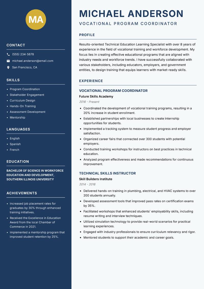 Technical Education Learning Specialist Resume Preview Example