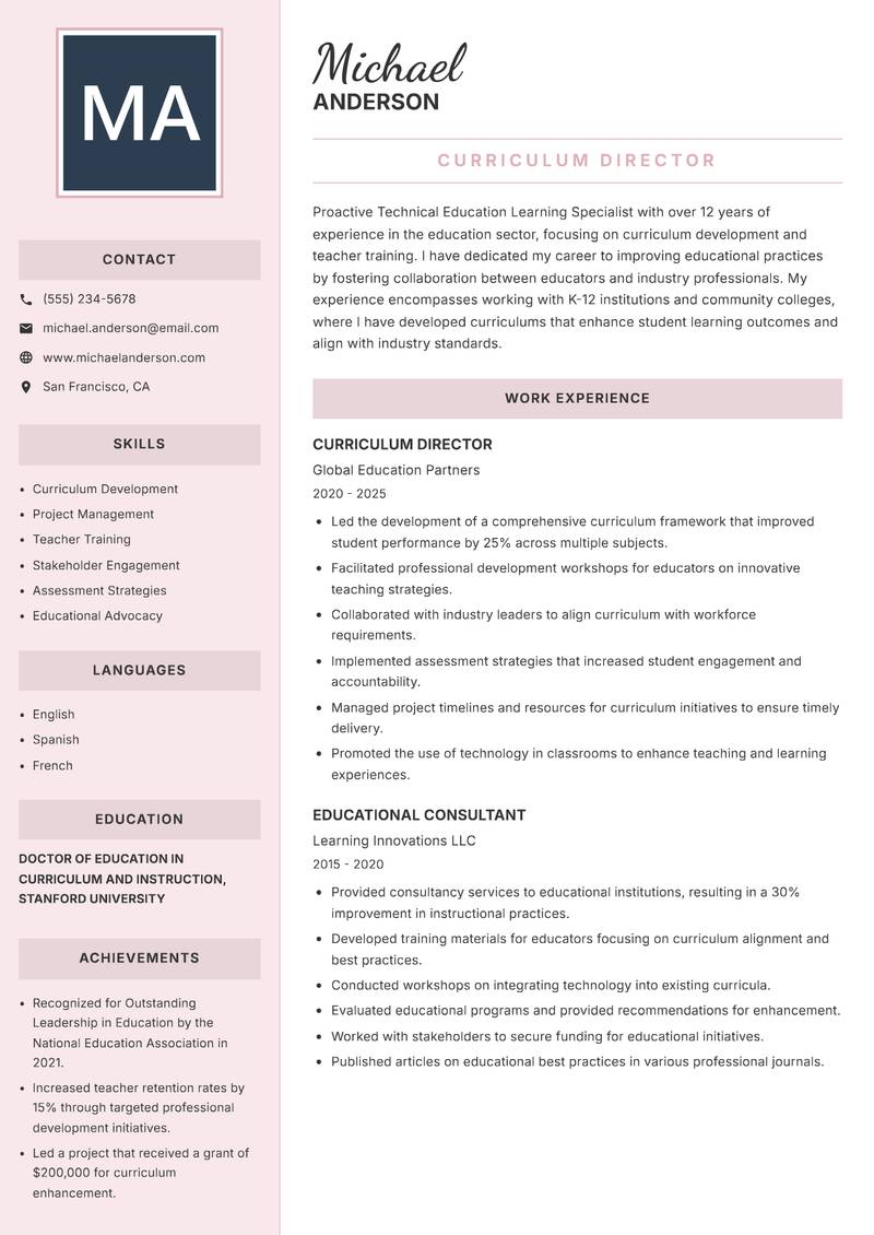 Technical Education Learning Specialist Resume Preview Example