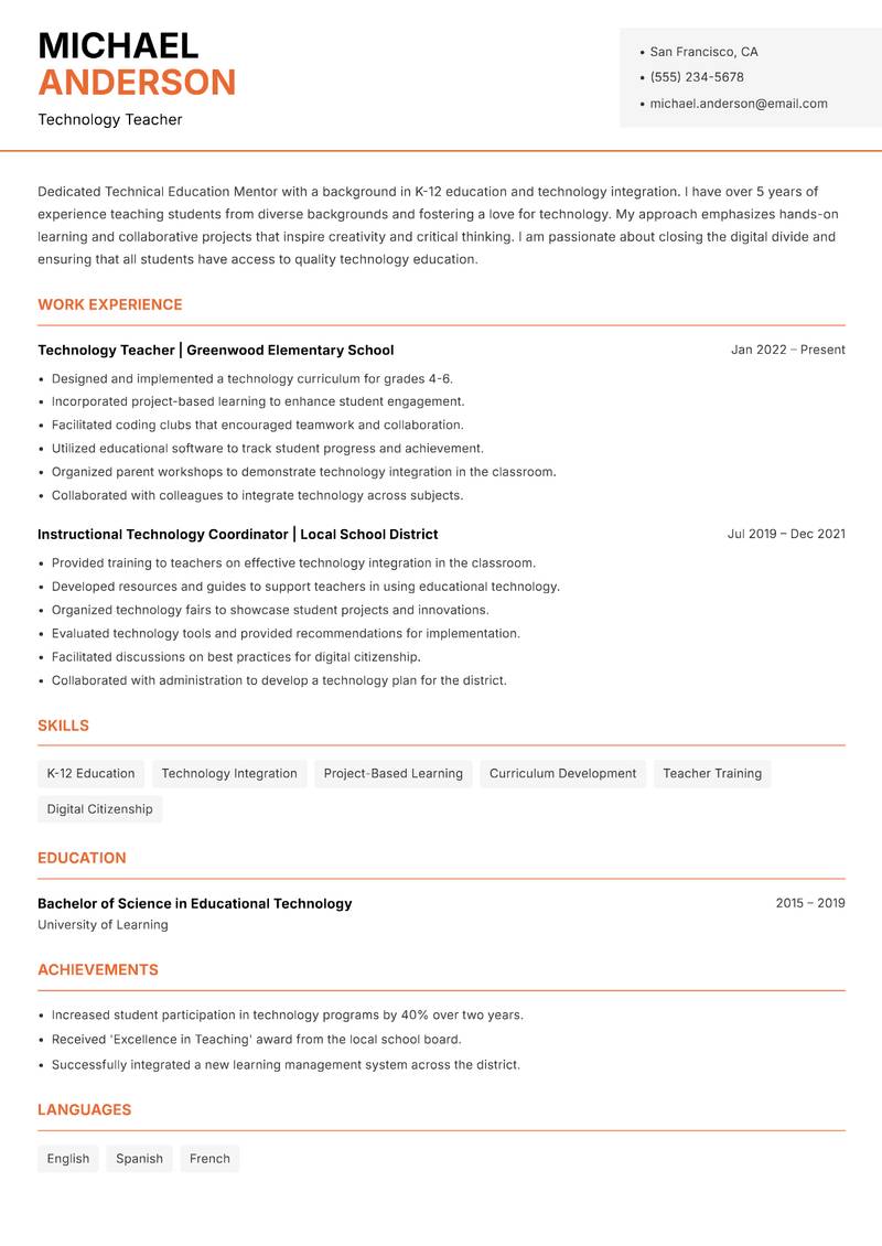 Technical Education Mentor Resume Template