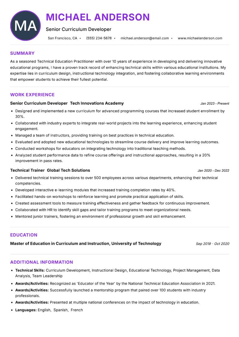 Technical Education Practitioner Resume Preview Example