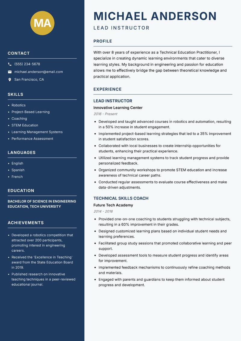 Technical Education Practitioner Resume Preview Example