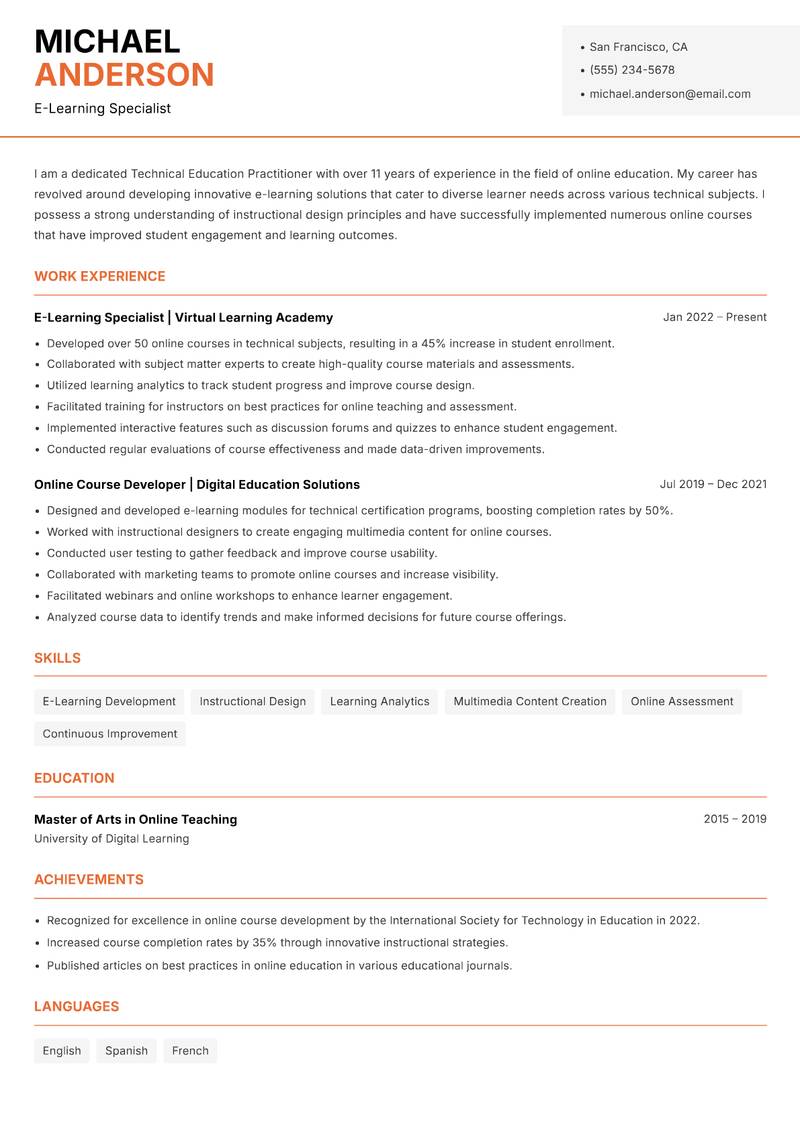 Technical Education Practitioner Resume Template