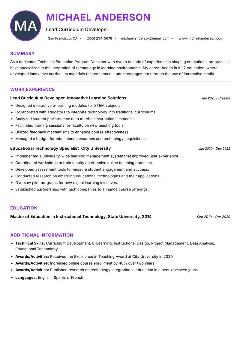 Technical Education Program Designer Resume Preview Example