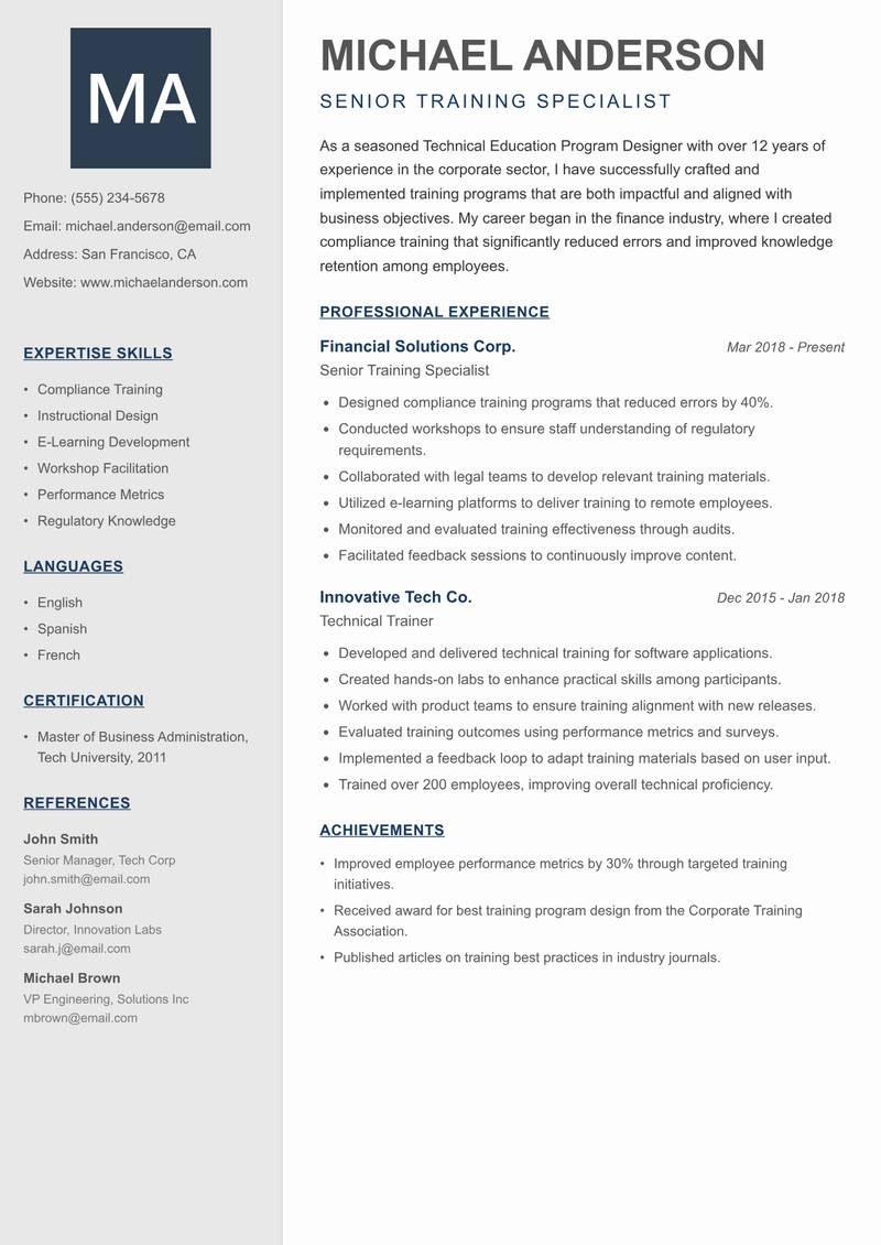 Technical Education Program Designer Resume Preview Example