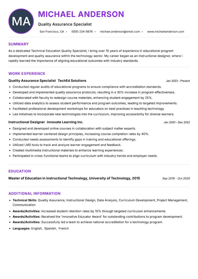 Technical Education Quality Specialist Resume Preview Example