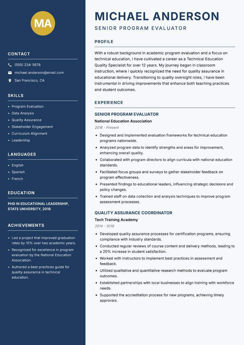 Technical Education Quality Specialist Resume Preview Example