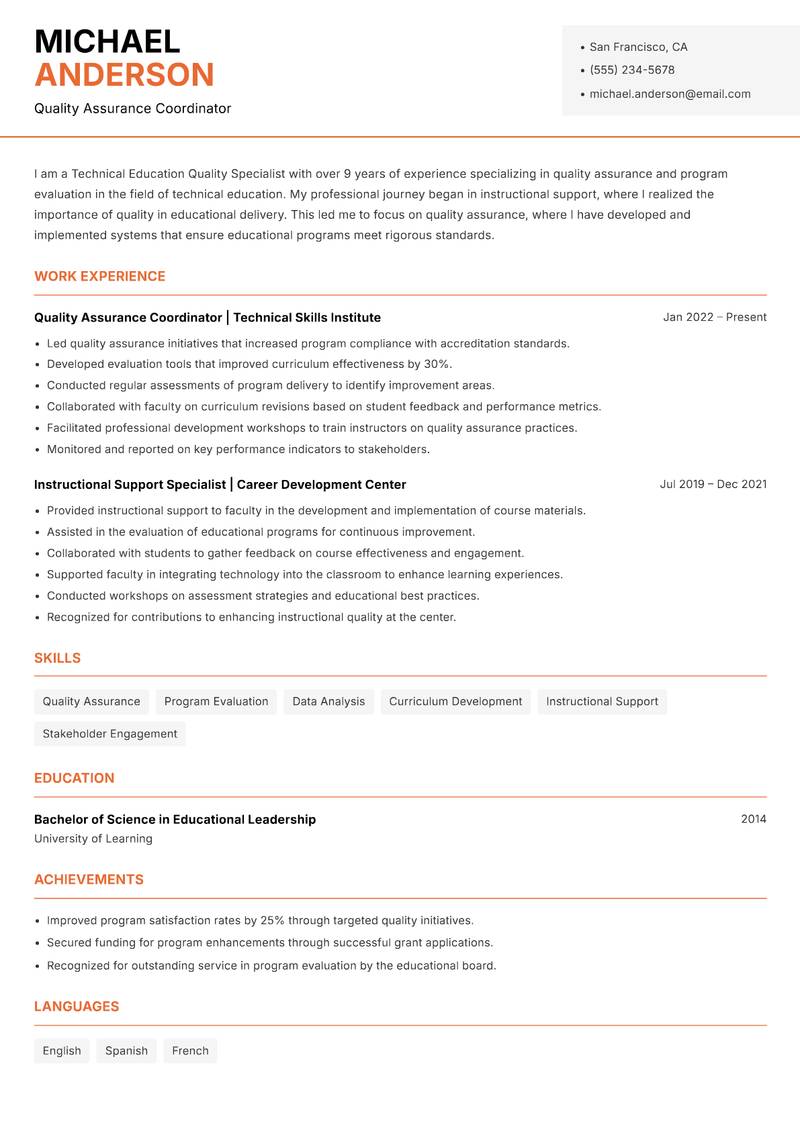 Technical Education Quality Specialist Resume Template